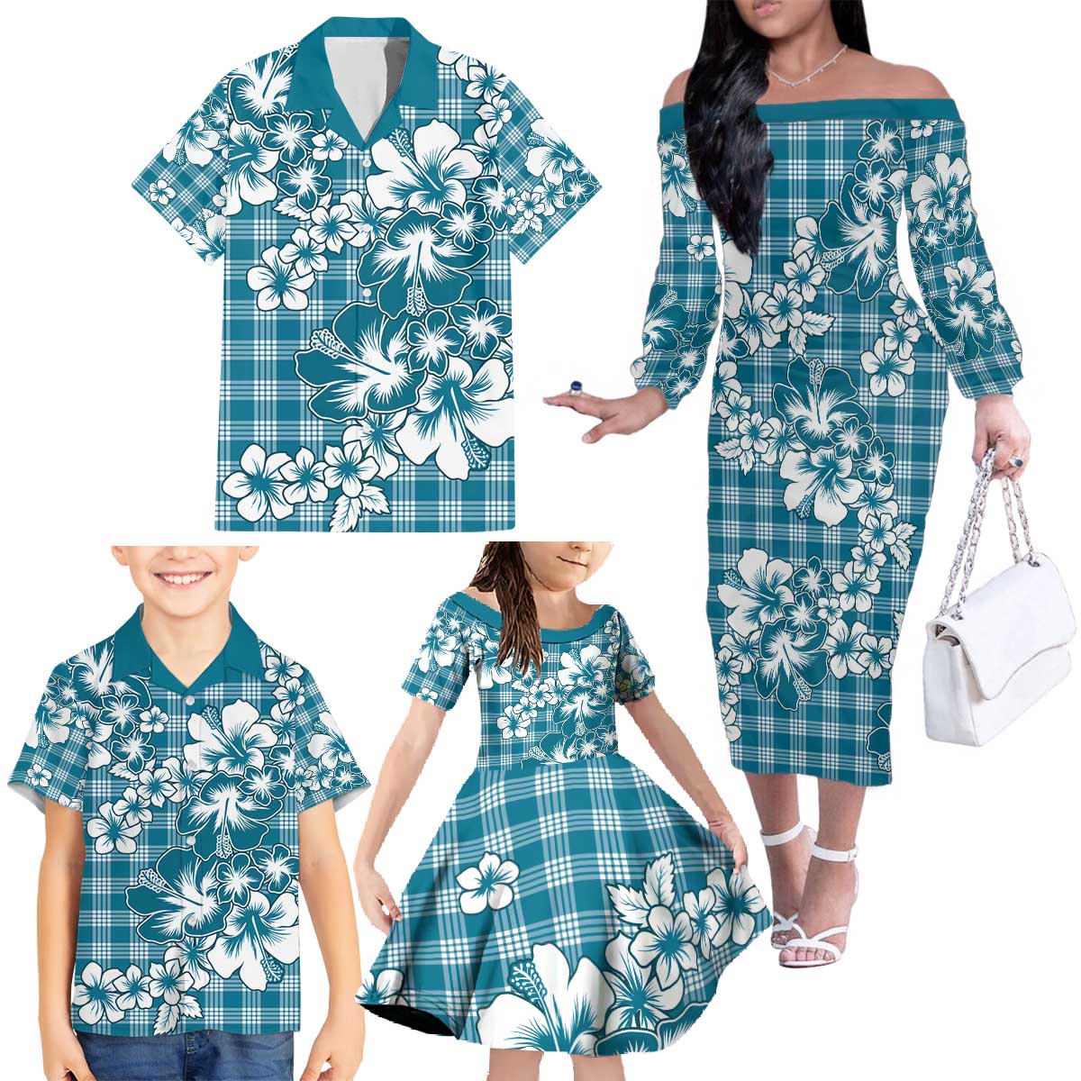 Hibiscus Pakala Ocean Depths Blue Family Matching Off The Shoulder Long Sleeve Dress and Hawaiian Shirt Tropical Floral Stylized - Polynesian Pride