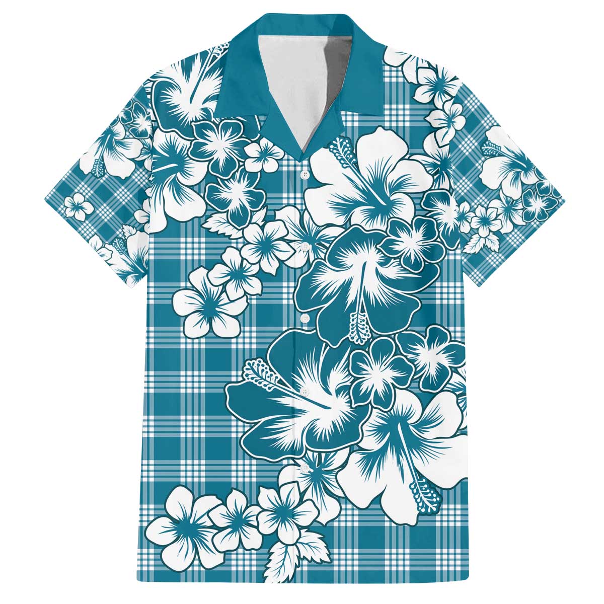 Hibiscus Pakala Ocean Depths Blue Family Matching Off The Shoulder Long Sleeve Dress and Hawaiian Shirt Tropical Floral Stylized - Polynesian Pride