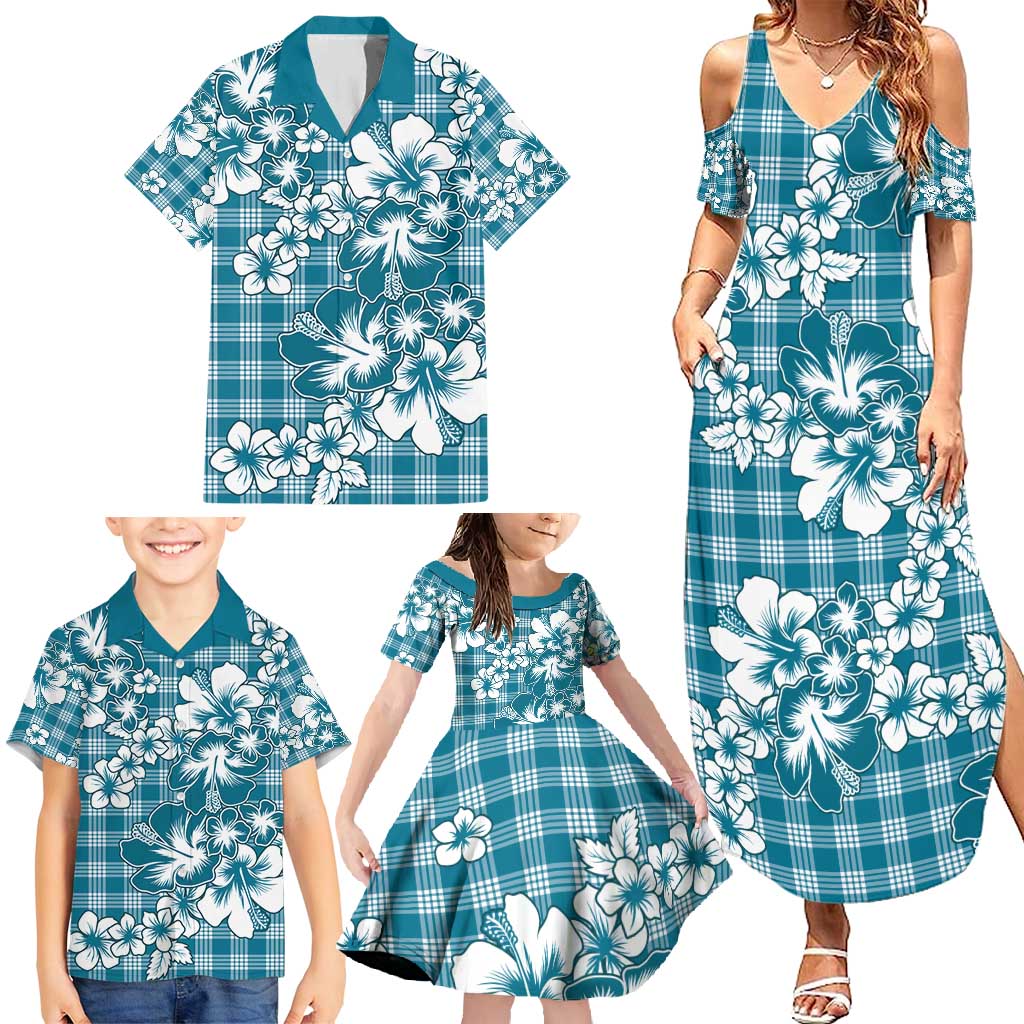 Hibiscus Pakala Ocean Depths Blue Family Matching Summer Maxi Dress and Hawaiian Shirt Tropical Floral Stylized - Polynesian Pride