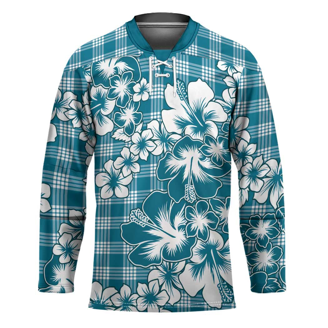 Hibiscus Pakala Ocean Depths Blue Hockey Jersey Tropical Floral Stylized - Polynesian Pride
