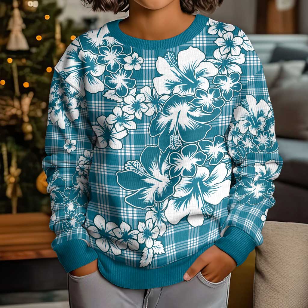 Hibiscus Pakala Ocean Depths Blue Kid Ugly Christmas Sweater Tropical Floral Stylized - Polynesian Pride