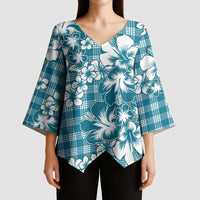 Hibiscus Pakala Ocean Depths Blue Kimono Sleeve Blouse Tropical Floral Stylized - Polynesian Pride