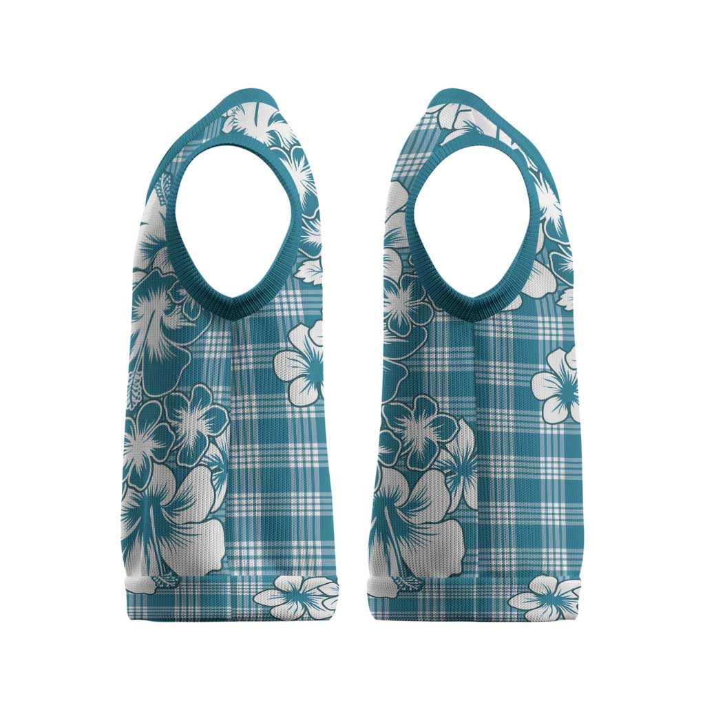 Hibiscus Pakala Ocean Depths Blue Christmas Knitted V-Neck Vest Tropical Floral Stylized - Polynesian Pride