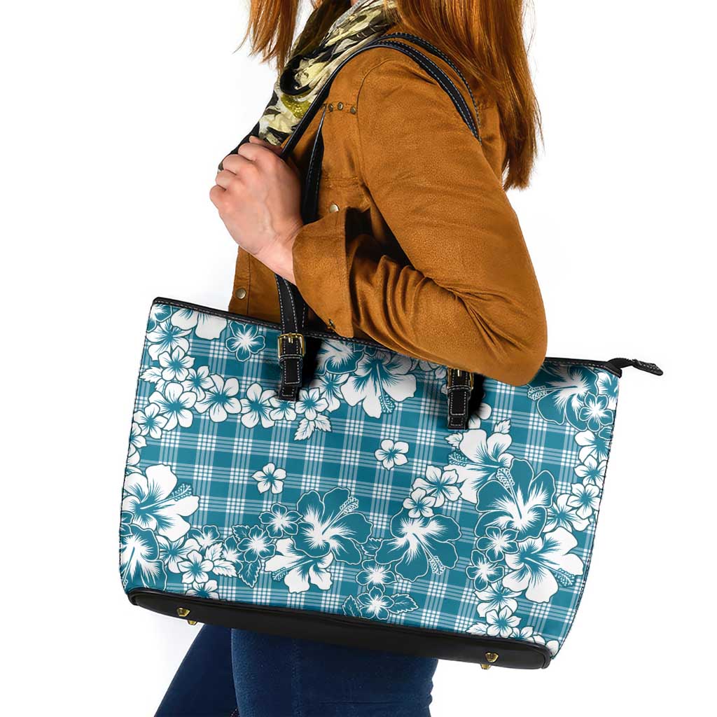 Hibiscus Pakala Ocean Depths Blue Leather Tote Bag Tropical Floral Stylized - Polynesian Pride