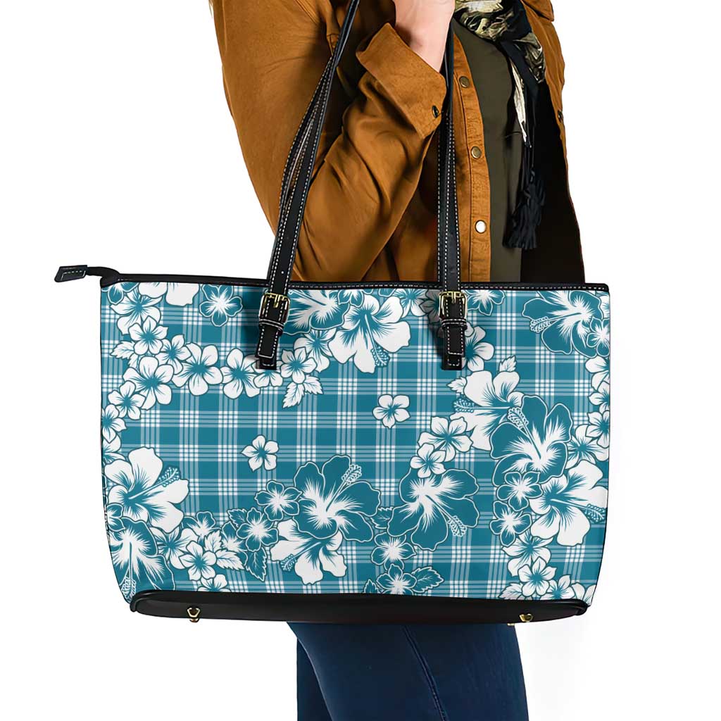 Hibiscus Pakala Ocean Depths Blue Leather Tote Bag Tropical Floral Stylized - Polynesian Pride