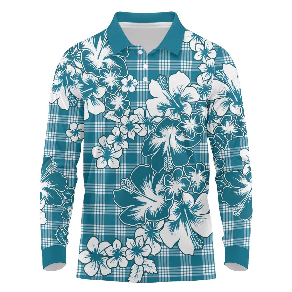 Hibiscus Pakala Ocean Depths Blue Long Sleeve Polo Shirt Tropical Floral Stylized - Polynesian Pride