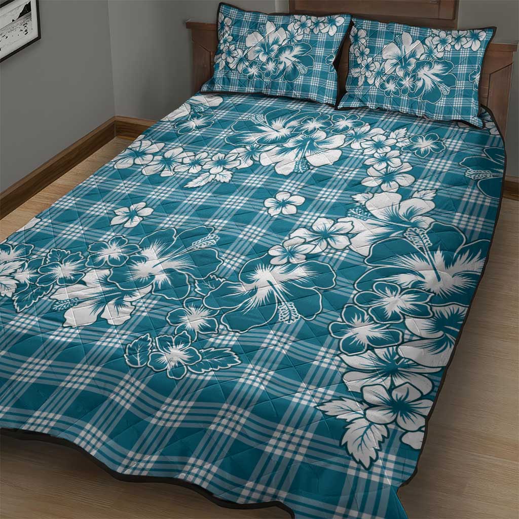 Hibiscus Pakala Ocean Depths Blue Quilt Bed Set Tropical Floral Stylized - Polynesian Pride