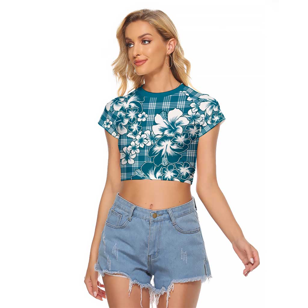 Hibiscus Pakala Ocean Depths Blue Raglan Cropped T Shirt Tropical Floral Stylized - Polynesian Pride