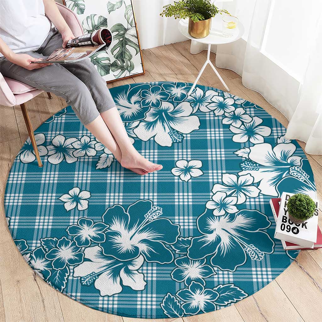 Hibiscus Pakala Ocean Depths Blue Round Carpet Tropical Floral Stylized - Polynesian Pride