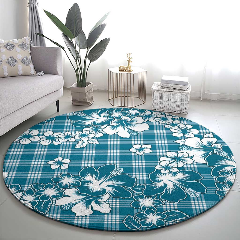 Hibiscus Pakala Ocean Depths Blue Round Carpet Tropical Floral Stylized - Polynesian Pride