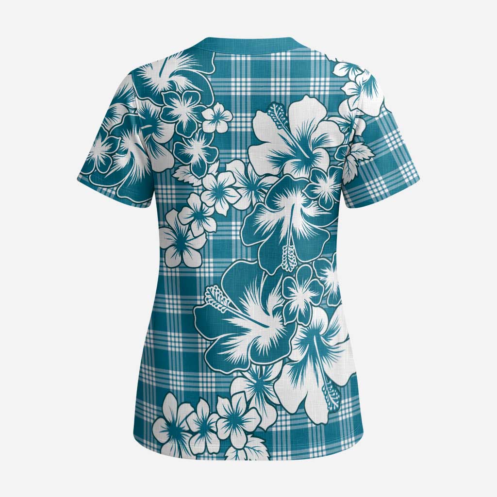 Hibiscus Pakala Ocean Depths Blue Scrub Top Tropical Floral Stylized - Polynesian Pride