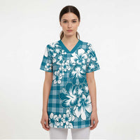 Hibiscus Pakala Ocean Depths Blue Scrub Top Tropical Floral Stylized - Polynesian Pride