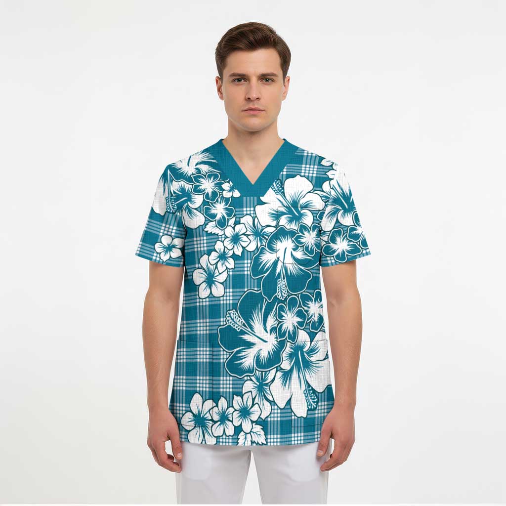 Hibiscus Pakala Ocean Depths Blue Scrub Top Tropical Floral Stylized - Polynesian Pride