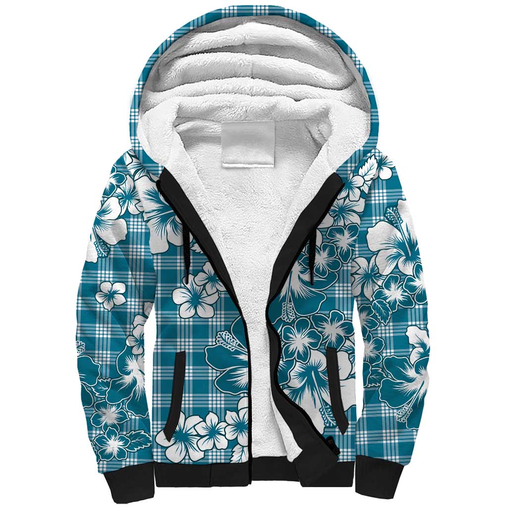 Hibiscus Pakala Ocean Depths Blue Sherpa Hoodie Tropical Floral Stylized - Polynesian Pride