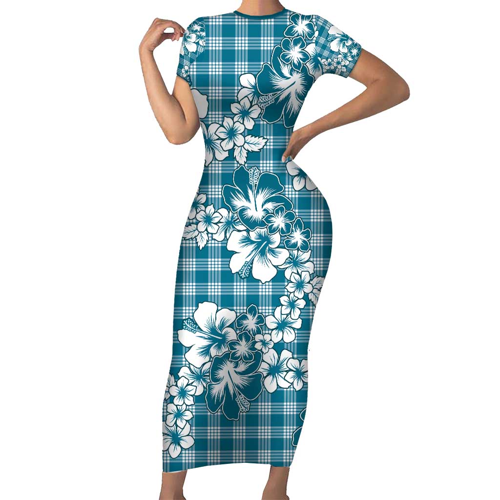 Hibiscus Pakala Ocean Depths Blue Short Sleeve Bodycon Dress Tropical Floral Stylized - Polynesian Pride