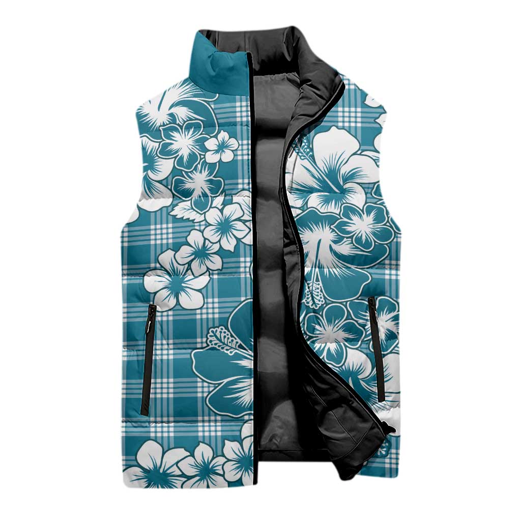 Hibiscus Pakala Ocean Depths Blue Sleeveless Puffer Jacket Tropical Floral Stylized - Polynesian Pride