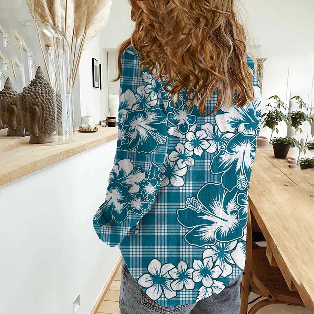 Hibiscus Pakala Ocean Depths Blue Women Casual Shirt Tropical Floral Stylized - Polynesian Pride