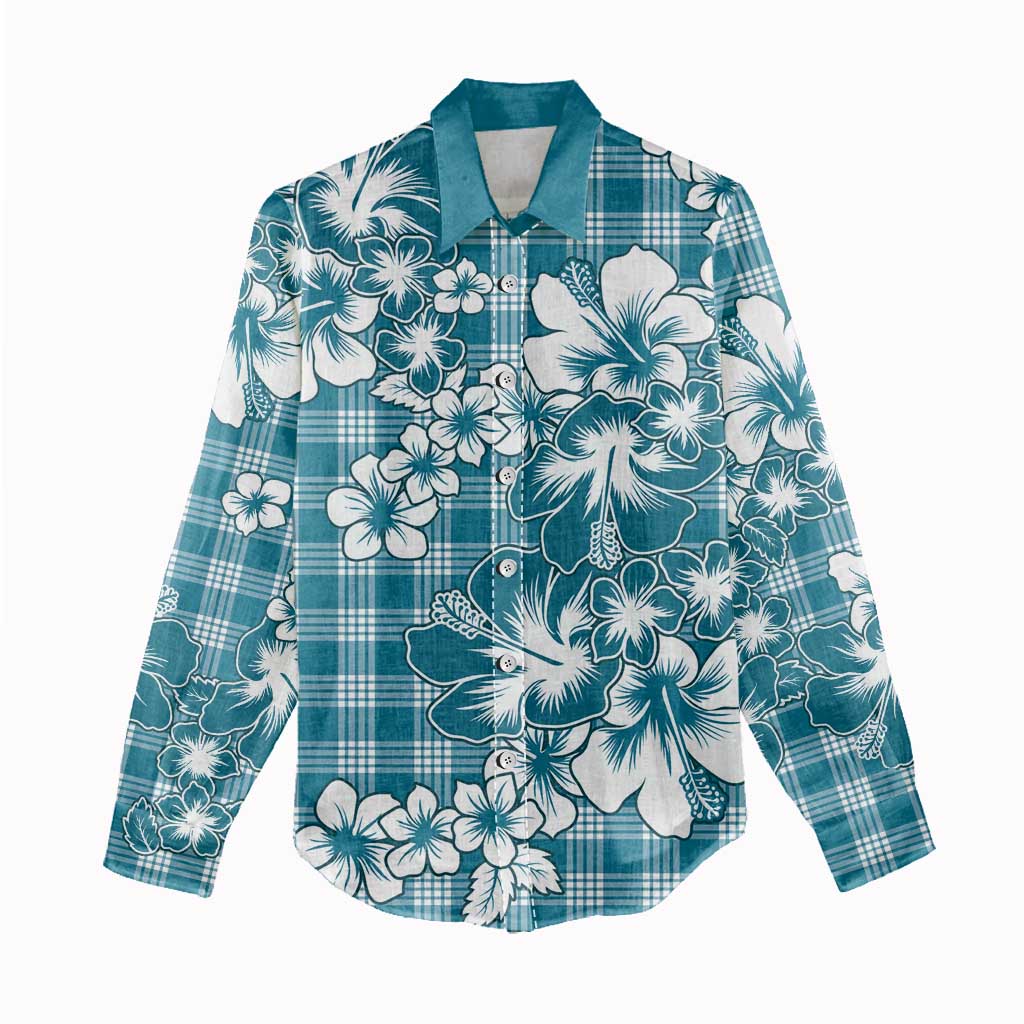 Hibiscus Pakala Ocean Depths Blue Women Casual Shirt Tropical Floral Stylized - Polynesian Pride