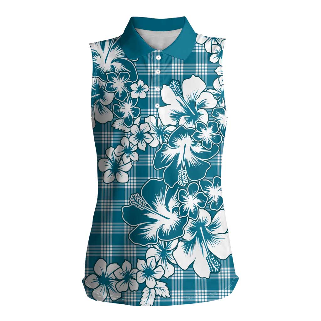 Hibiscus Pakala Ocean Depths Blue Women Sleeveless Polo Shirt Tropical Floral Stylized - Polynesian Pride