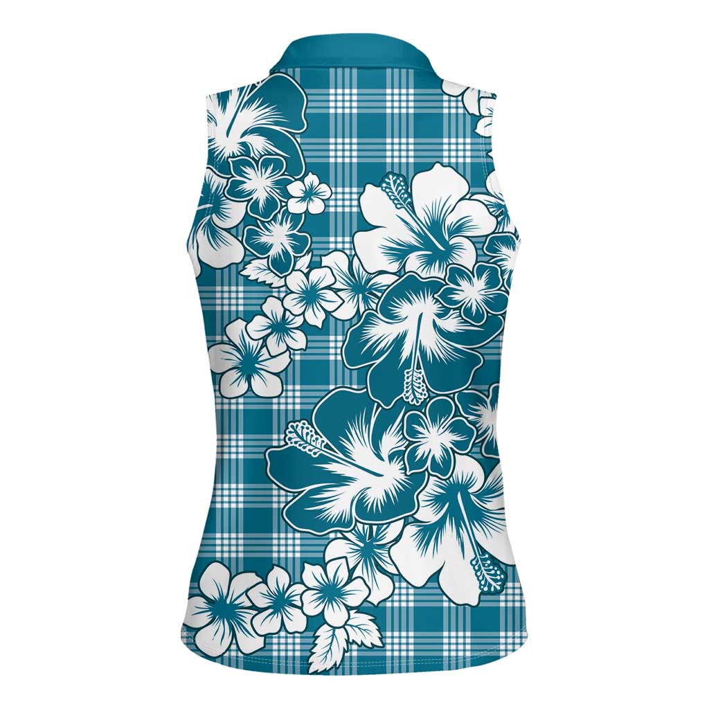 Hibiscus Pakala Ocean Depths Blue Women Sleeveless Polo Shirt Tropical Floral Stylized - Polynesian Pride