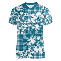 Hibiscus Pakala Ocean Depths Blue Women V-Neck T-Shirt Tropical Floral Stylized - Polynesian Pride