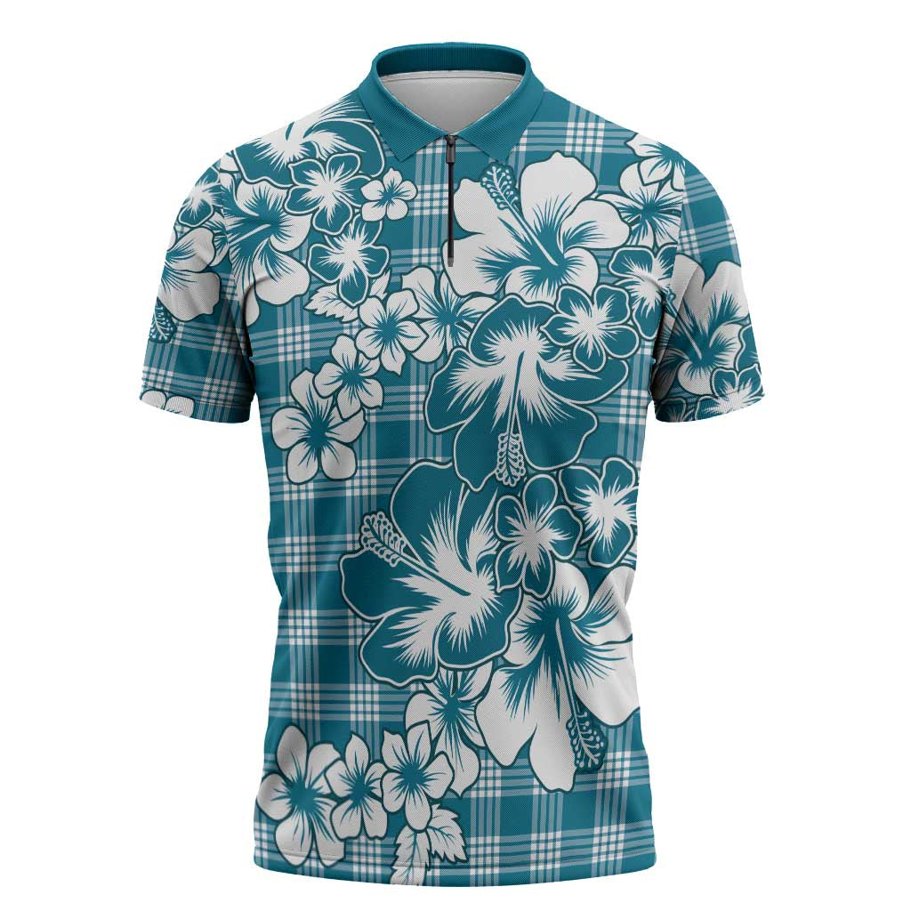 Hibiscus Pakala Ocean Depths Blue Zipper Polo Shirt Tropical Floral Stylized - Polynesian Pride