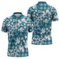 Hibiscus Pakala Ocean Depths Blue Zipper Polo Shirt Tropical Floral Stylized - Polynesian Pride