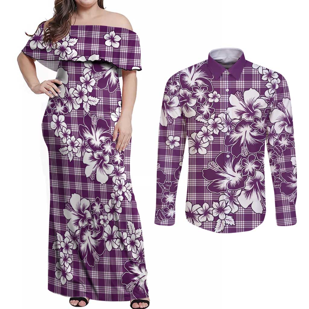 Hibiscus Pakala Sweetie Purple Couples Matching Off Shoulder Maxi Dress and Long Sleeve Button Shirt Tropical Floral Stylized - Polynesian Pride