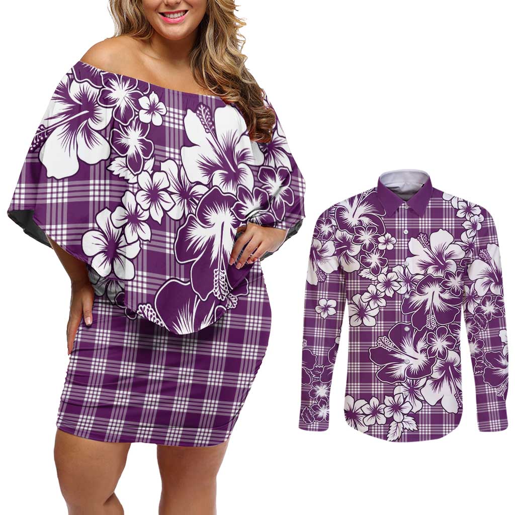 Hibiscus Pakala Sweetie Purple Couples Matching Off Shoulder Short Dress and Long Sleeve Button Shirt Tropical Floral Stylized - Polynesian Pride