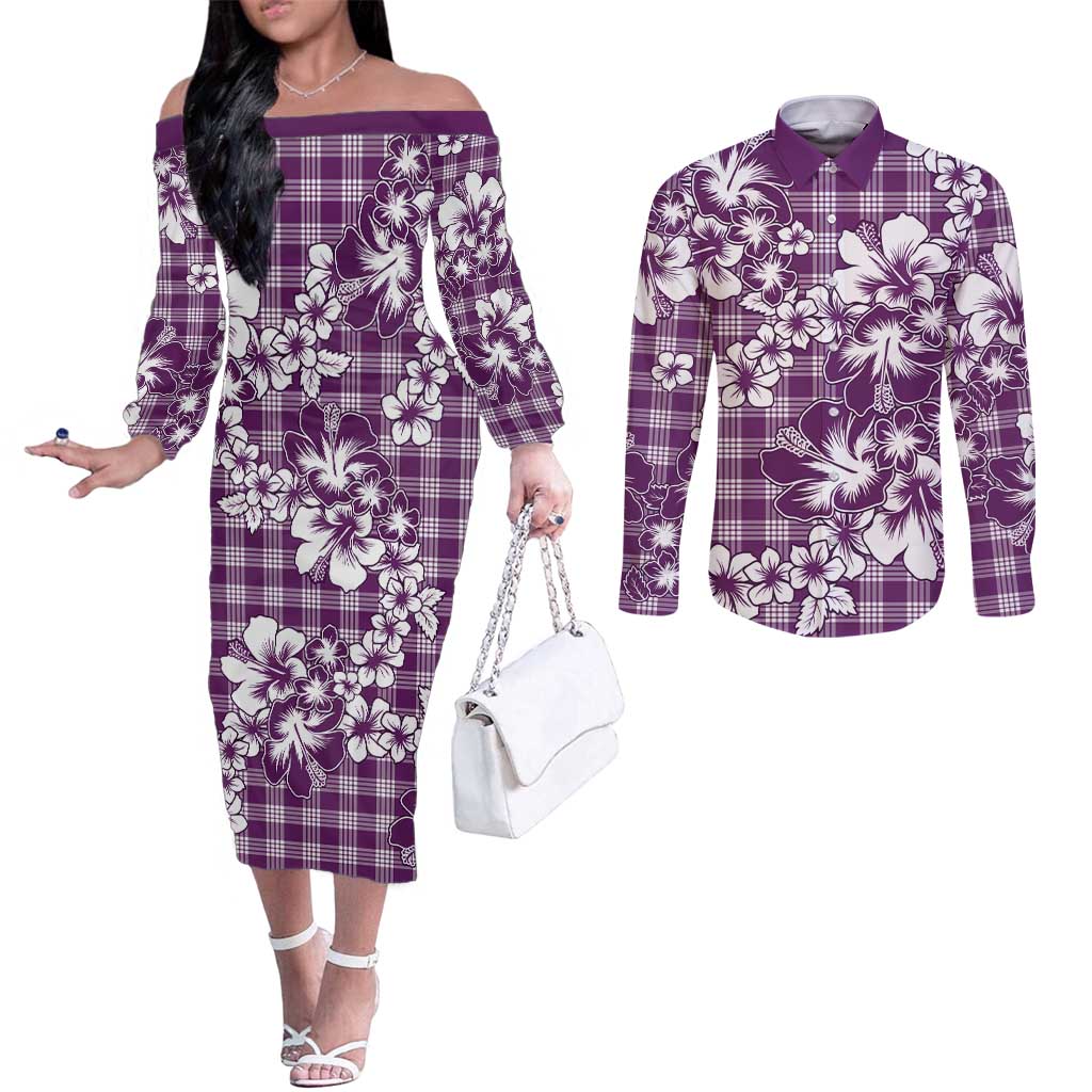 Hibiscus Pakala Sweetie Purple Couples Matching Off The Shoulder Long Sleeve Dress and Long Sleeve Button Shirt Tropical Floral Stylized - Polynesian Pride