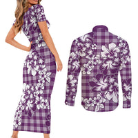 Hibiscus Pakala Sweetie Purple Couples Matching Short Sleeve Bodycon Dress and Long Sleeve Button Shirt Tropical Floral Stylized - Polynesian Pride