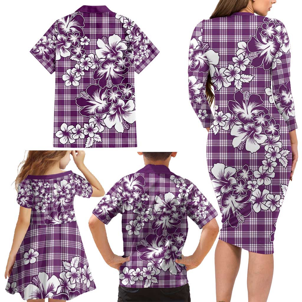 Hibiscus Pakala Sweetie Purple Family Matching Long Sleeve Bodycon Dress and Hawaiian Shirt Tropical Floral Stylized - Polynesian Pride