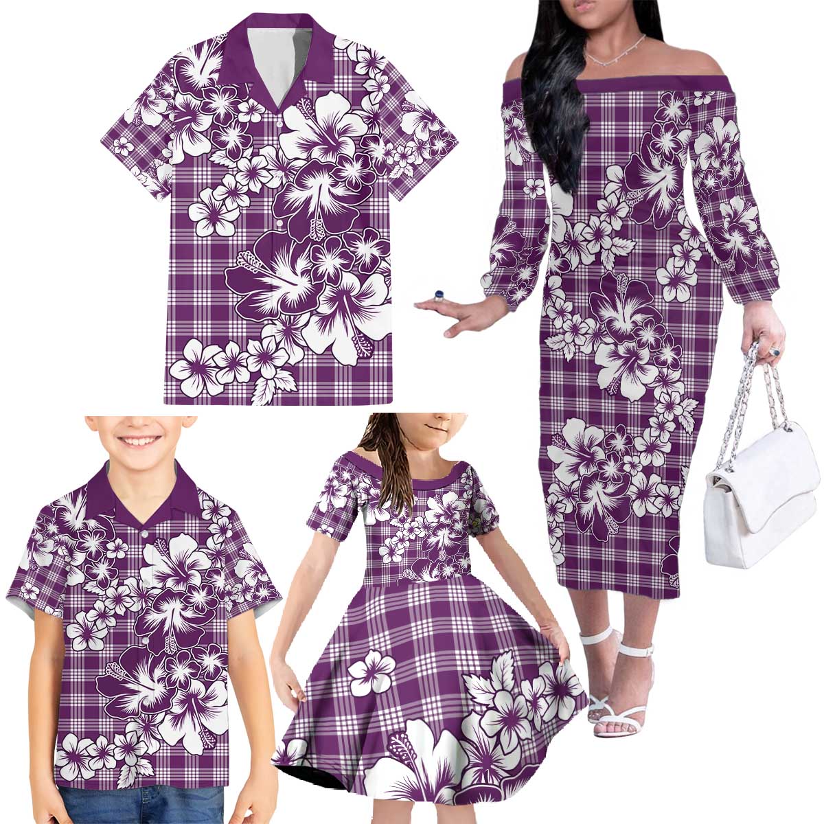Hibiscus Pakala Sweetie Purple Family Matching Off The Shoulder Long Sleeve Dress and Hawaiian Shirt Tropical Floral Stylized - Polynesian Pride