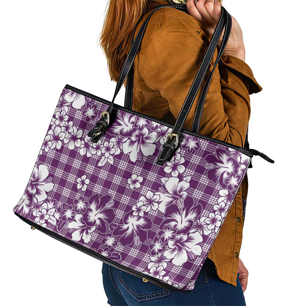 Hibiscus Pakala Sweetie Purple Leather Tote Bag Tropical Floral Stylized - Polynesian Pride