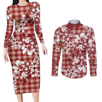 Hibiscus Pakala Fantasy Red Couples Matching Long Sleeve Bodycon Dress and Long Sleeve Button Shirt Tropical Floral Stylized - Polynesian Pride