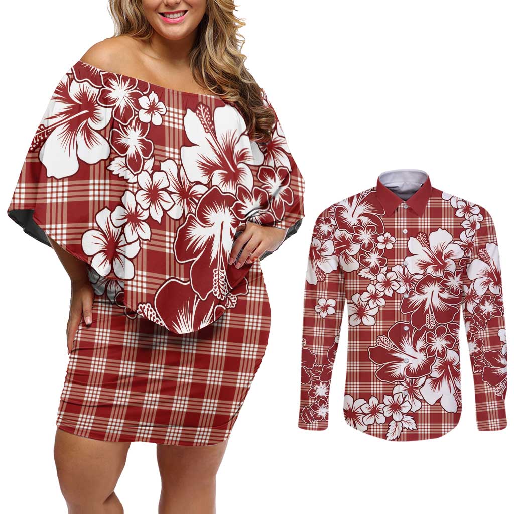 Hibiscus Pakala Fantasy Red Couples Matching Off Shoulder Short Dress and Long Sleeve Button Shirt Tropical Floral Stylized - Polynesian Pride