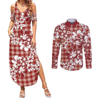 Hibiscus Pakala Fantasy Red Couples Matching Summer Maxi Dress and Long Sleeve Button Shirt Tropical Floral Stylized - Polynesian Pride