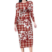 Hibiscus Pakala Fantasy Red Long Sleeve Bodycon Dress Tropical Floral Stylized - Polynesian Pride