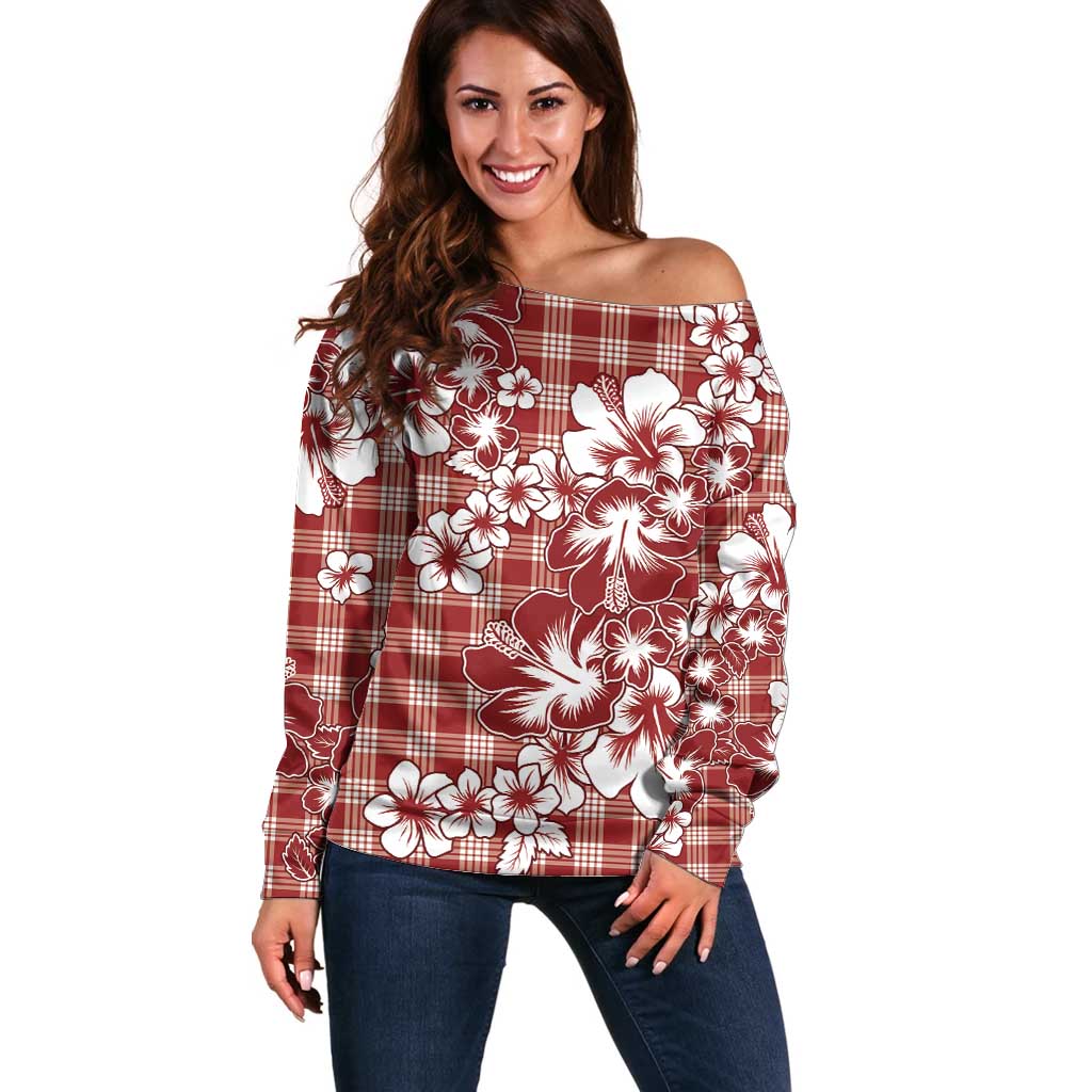 Hibiscus Pakala Fantasy Red Off Shoulder Sweater Tropical Floral Stylized - Polynesian Pride