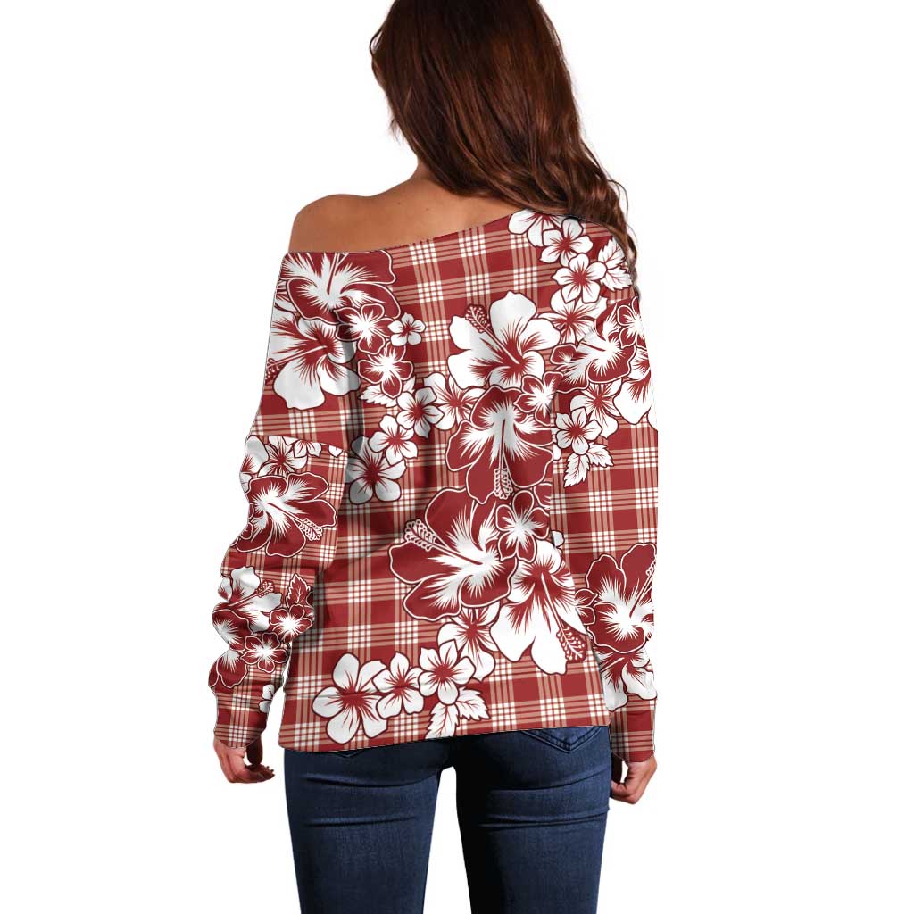 Hibiscus Pakala Fantasy Red Off Shoulder Sweater Tropical Floral Stylized - Polynesian Pride