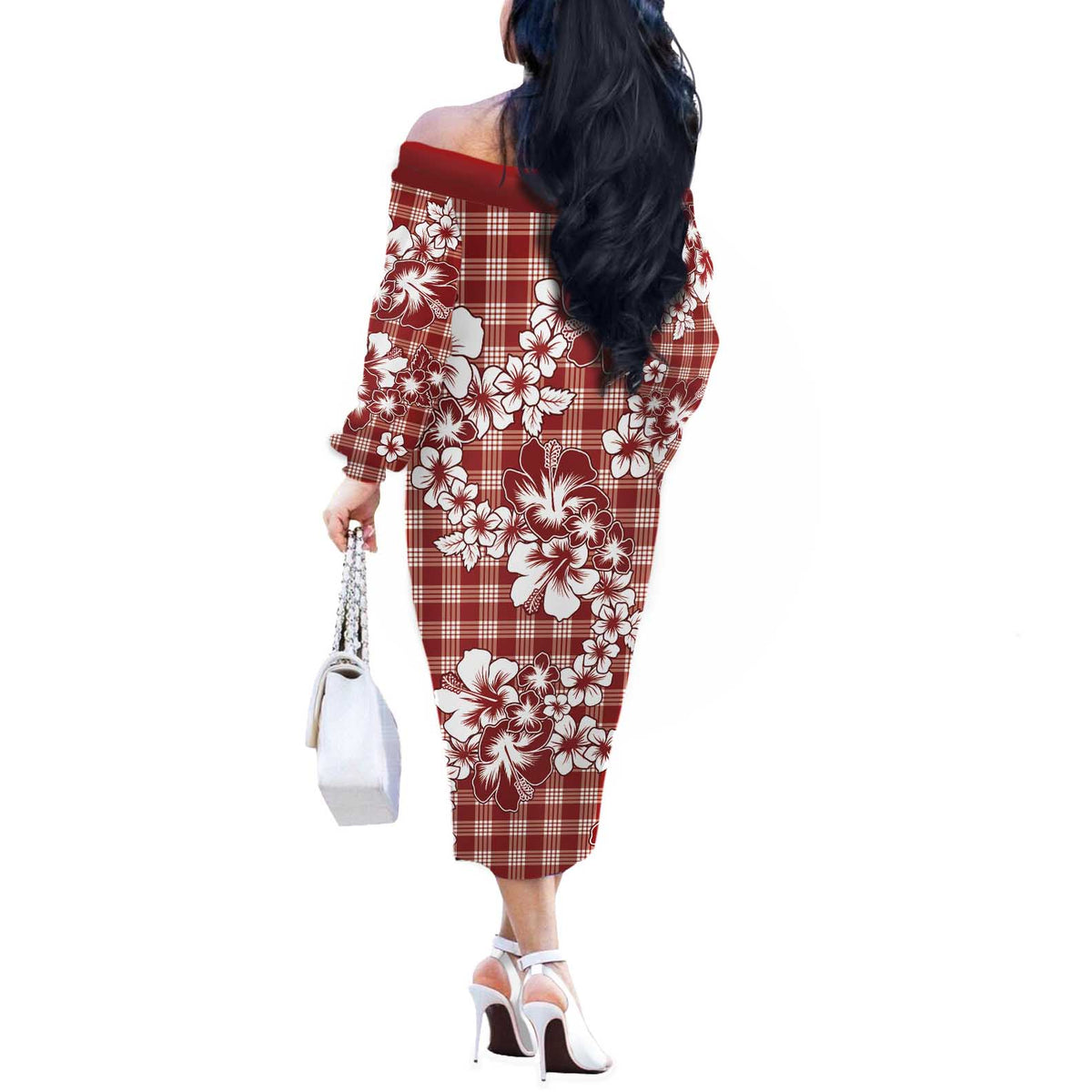 Hibiscus Pakala Fantasy Red Off The Shoulder Long Sleeve Dress Tropical Floral Stylized - Polynesian Pride