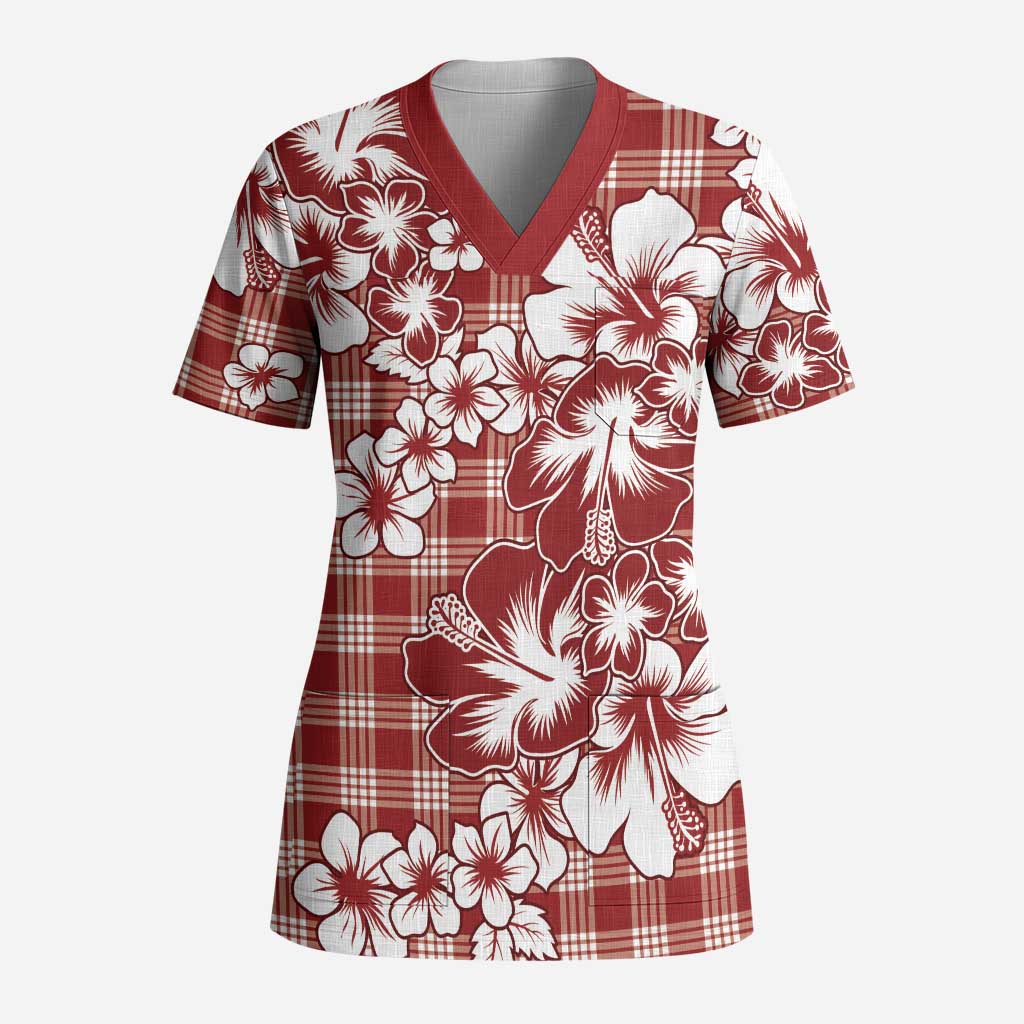Hibiscus Pakala Fantasy Red Scrub Top Tropical Floral Stylized - Polynesian Pride