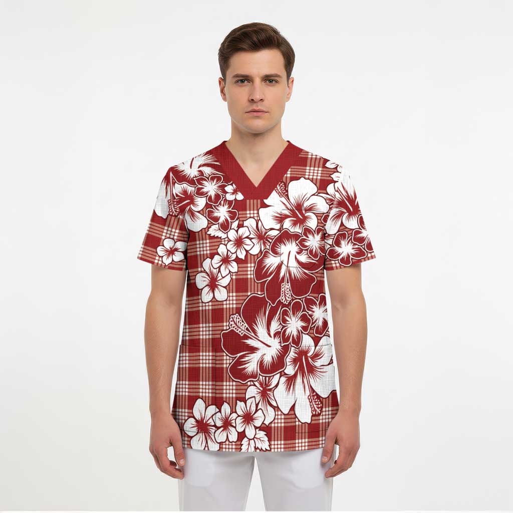 Hibiscus Pakala Fantasy Red Scrub Top Tropical Floral Stylized - Polynesian Pride