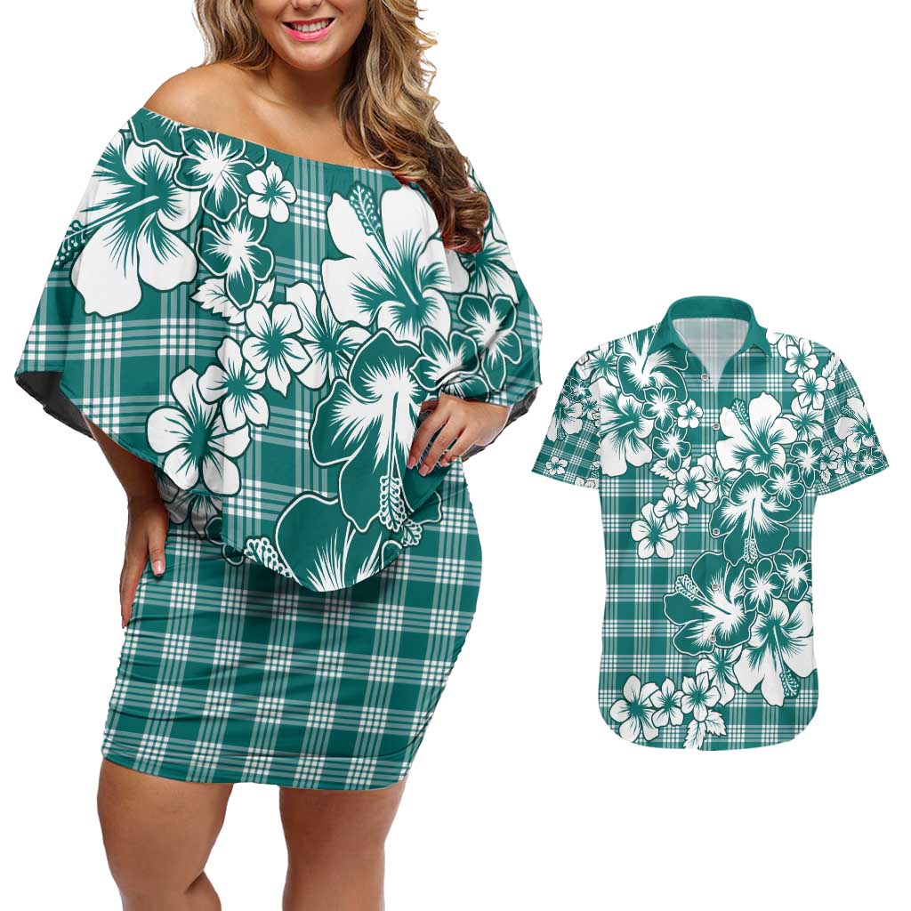 Hibiscus Pakala Aqua Teal Couples Matching Off Shoulder Short Dress and Hawaiian Shirt Tropical Floral Stylized - Polynesian Pride