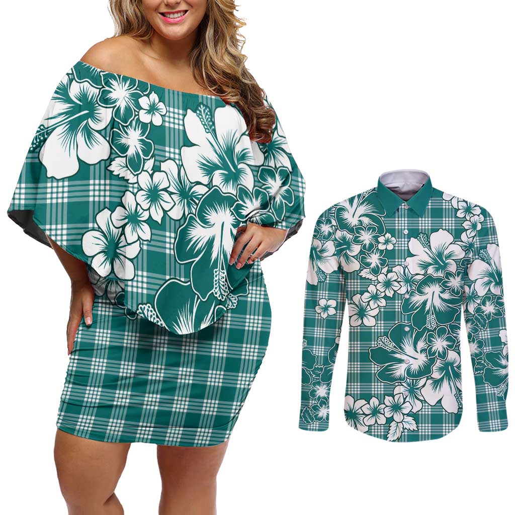 Hibiscus Pakala Aqua Teal Couples Matching Off Shoulder Short Dress and Long Sleeve Button Shirt Tropical Floral Stylized - Polynesian Pride