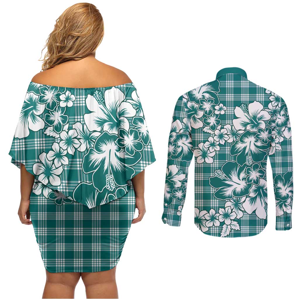 Hibiscus Pakala Aqua Teal Couples Matching Off Shoulder Short Dress and Long Sleeve Button Shirt Tropical Floral Stylized - Polynesian Pride