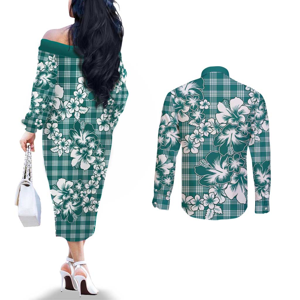 Hibiscus Pakala Aqua Teal Couples Matching Off The Shoulder Long Sleeve Dress and Long Sleeve Button Shirt Tropical Floral Stylized - Polynesian Pride