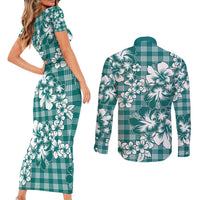 Hibiscus Pakala Aqua Teal Couples Matching Short Sleeve Bodycon Dress and Long Sleeve Button Shirt Tropical Floral Stylized - Polynesian Pride
