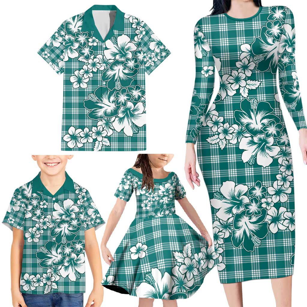 Hibiscus Pakala Aqua Teal Family Matching Long Sleeve Bodycon Dress and Hawaiian Shirt Tropical Floral Stylized - Polynesian Pride