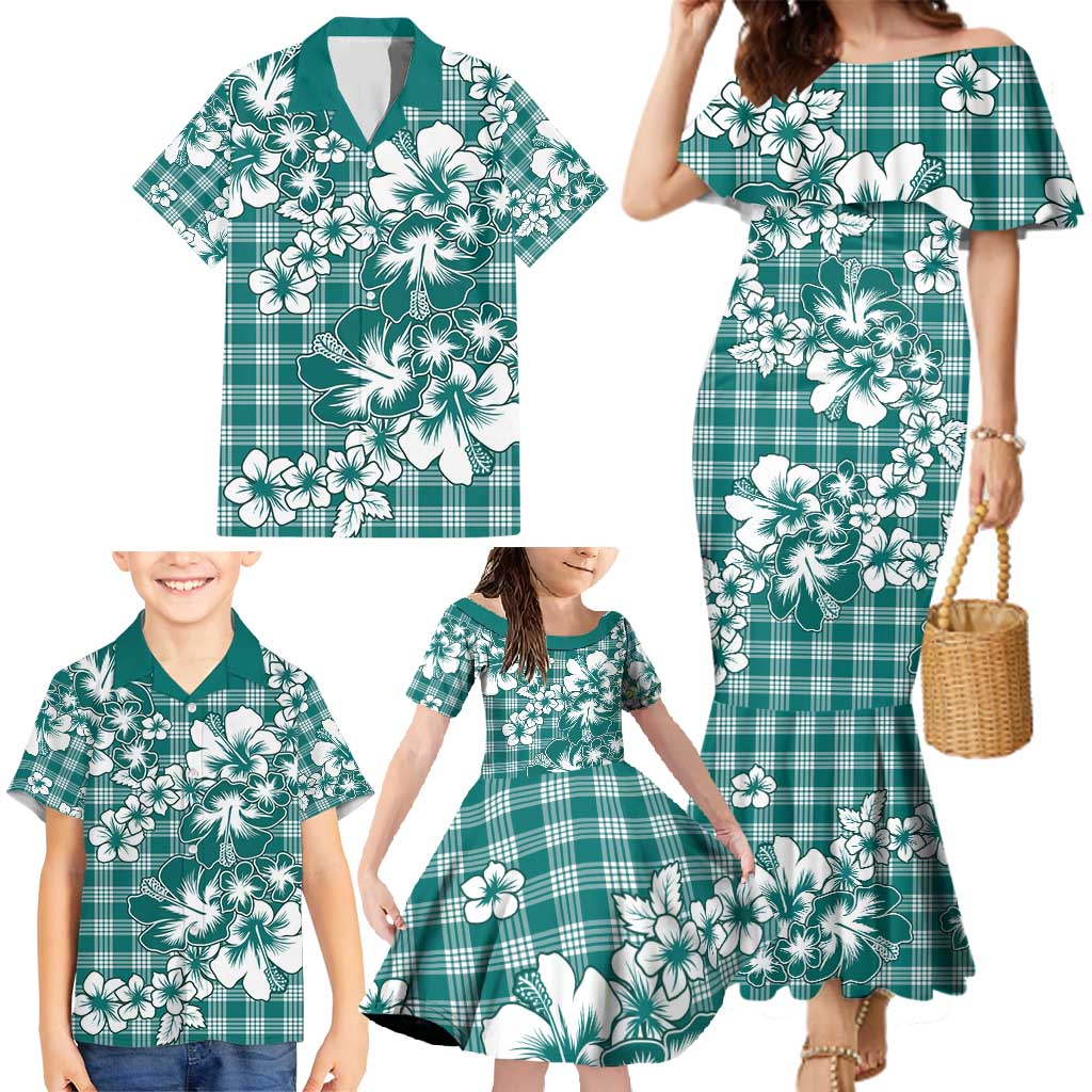 Hibiscus Pakala Aqua Teal Family Matching Mermaid Dress and Hawaiian Shirt Tropical Floral Stylized - Polynesian Pride